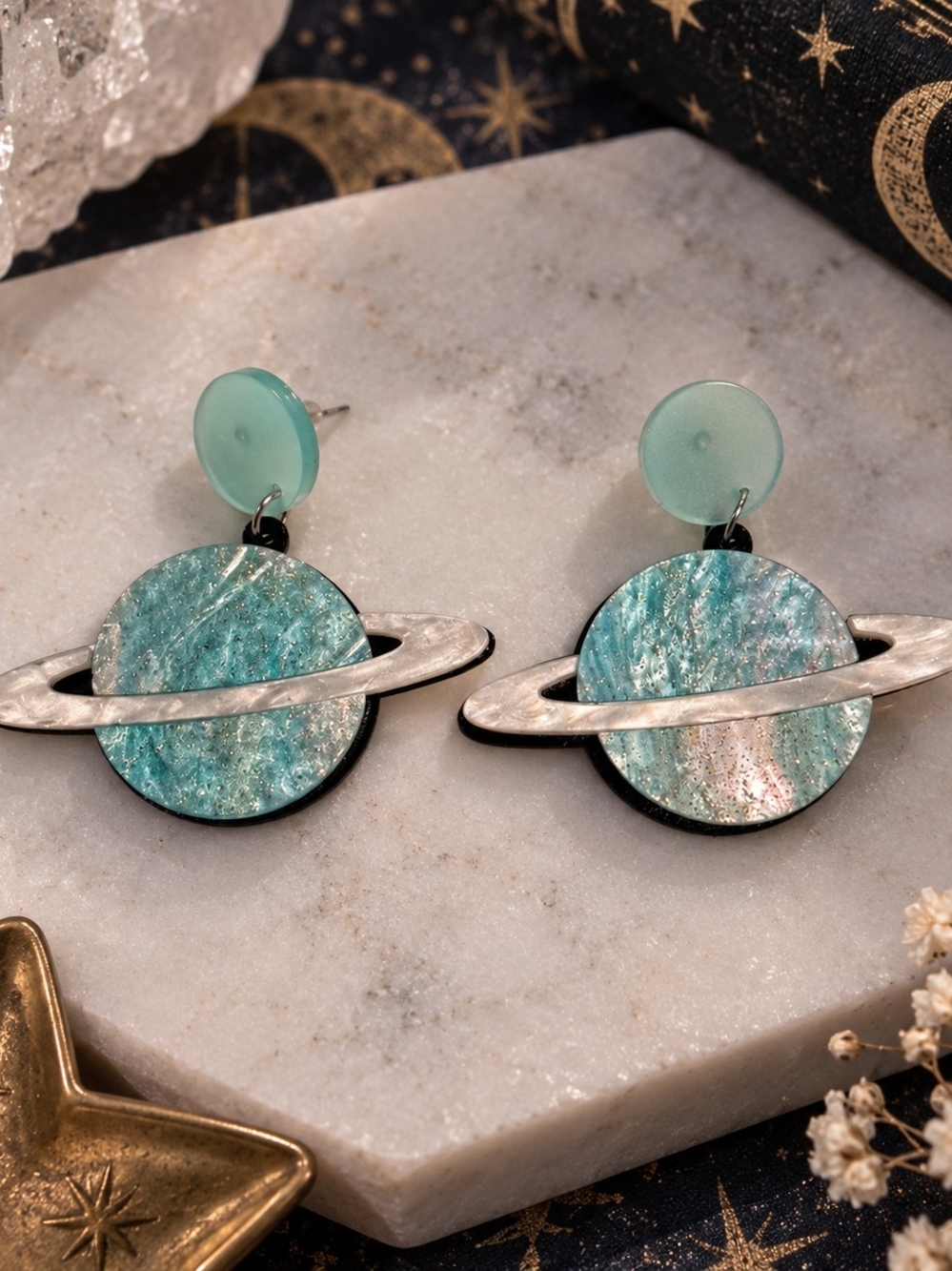 Oversized Saturn Planet Dangle Acrylic Statement Earrings New